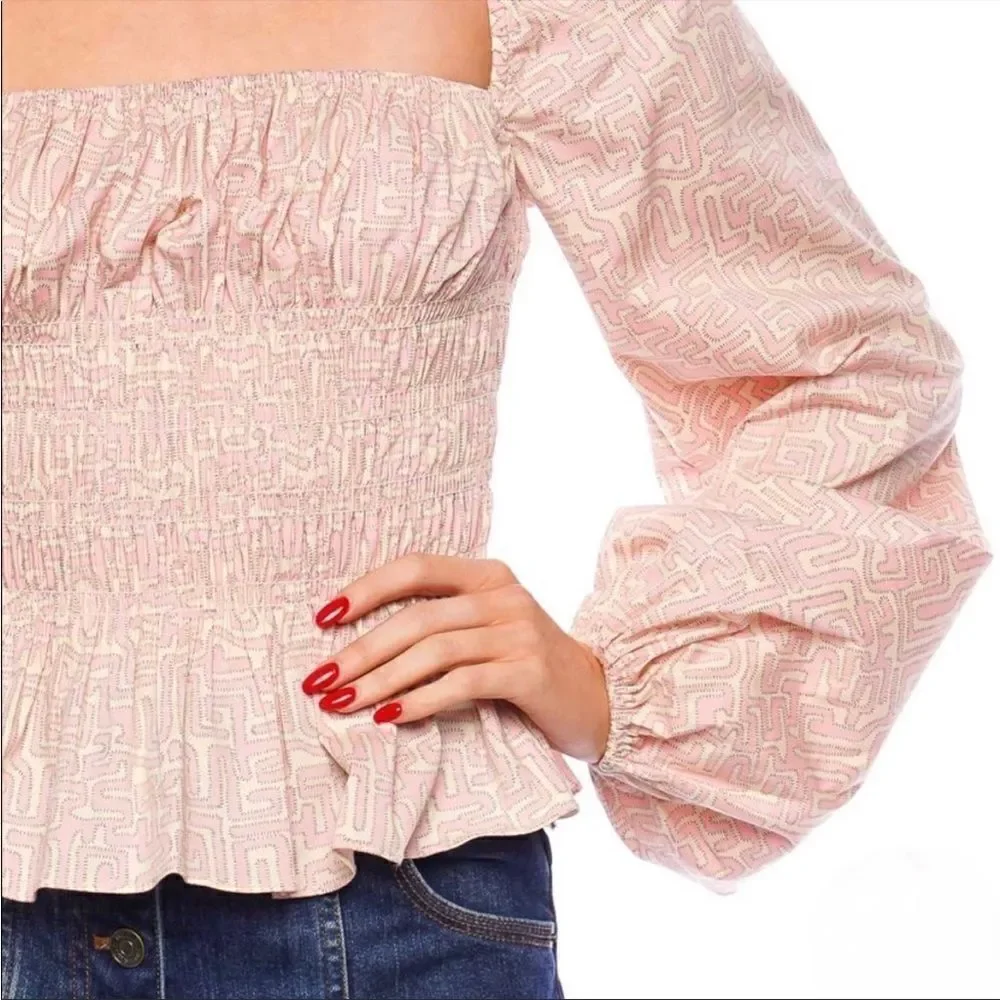Staud Jules Top Smocked Square Neck Puff Sleeve Long Sleeve Pastel Maze XS
